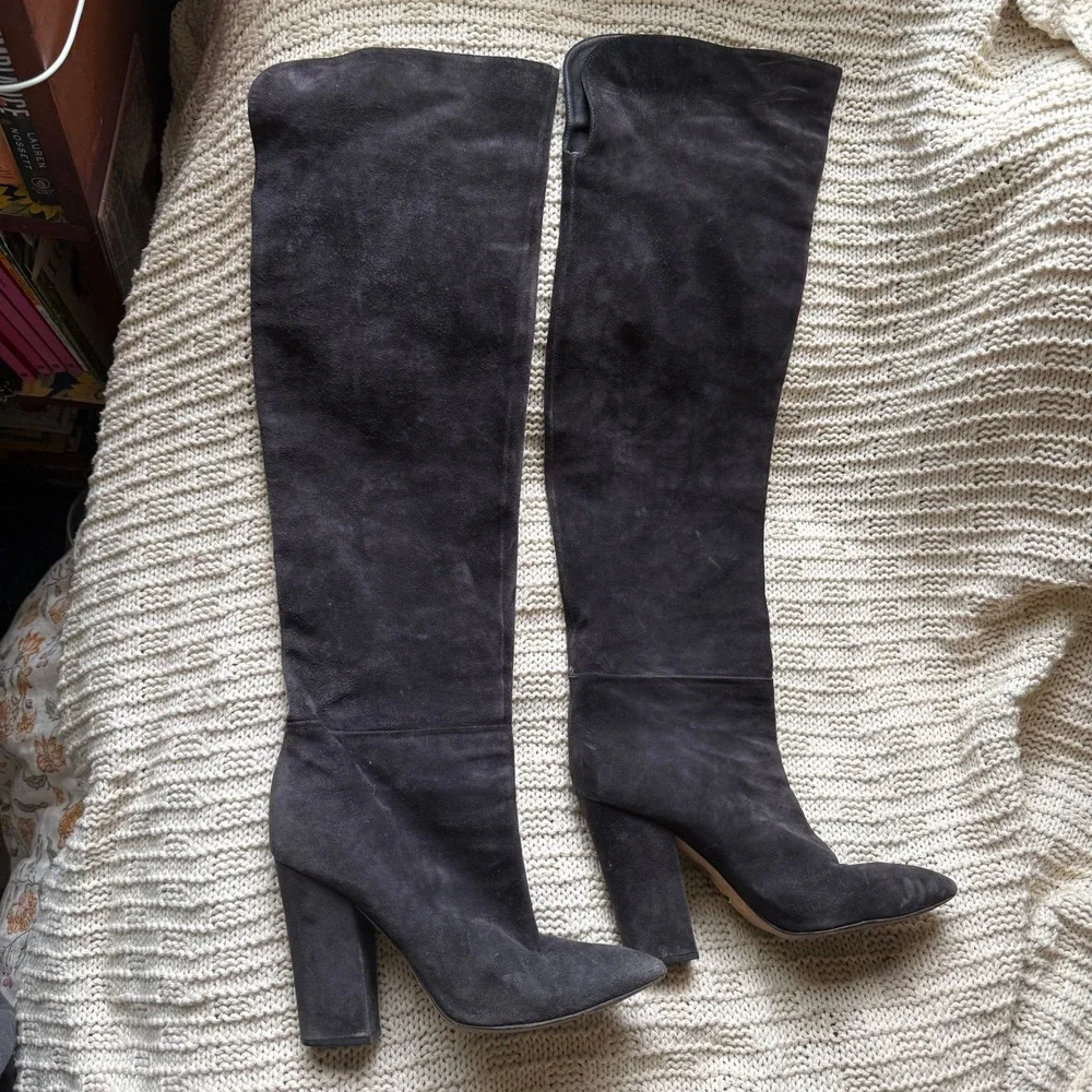 Sergio Rossi Suede‎ Over The Knee Boots Block Heel Dark Gray Size 39.5